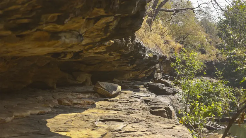 View of the Bhimbetka Caves with ancient rock paintings, a prime heritage site in Madhya Pradesh.