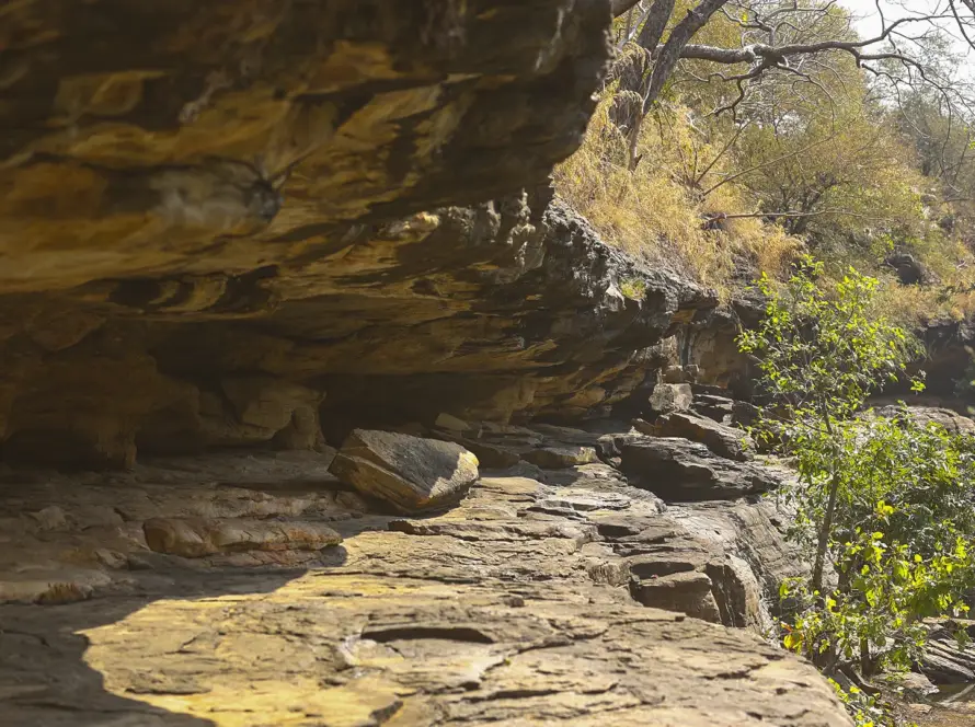 View of the Bhimbetka Caves with ancient rock paintings, a prime heritage site in Madhya Pradesh.